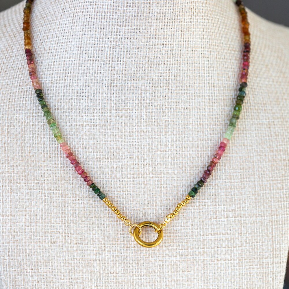 Watermelon Tourmaline Necklace Gemstone Beaded Necklace Gold Charm Clasp PRETTY - Picture 6 of 12